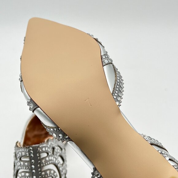 XYD Silver Elegant Pointed Toe D'Orsay Kitten Low Heel Rhinestone Studs Pumps - Picture 6 of 8